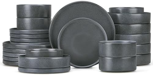 Herogo Dinnerware Dishes Sets with Salad Bowls, 24 Piece Plates and Bowls for 6, Dishwasher & Microwave Safe Ceramic Stoneware for Kitchen, Dark Gray by Herogo