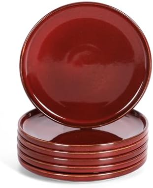 vicrays Ceramic Salad Plates Set - Porcelain 8 Inch Flat Dessert Appetizer Plate for Lunch Home Party Restaurant - Scratch Resistant Microwave Oven and Dishwasher Safe - Set of 6 (Cherry Red) by VicraysCeramic