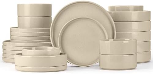 Herogo 24 Piece Dinnerware Sets with Double Bowls, Stoneware Plate and Bowls Set for 6, Ceramic Dinner Dishware for Kitchen Dining, Microwave & Dishwasher Safe, Speckled Khaki by Herogo