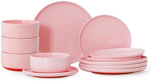 12 Piece Dinnerware Set, Dish Set for 4, Pink by Ruxmirae