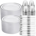 700 PCS White and Silver Plastic Dinnerware Set for 100 Guests, 200 Disposable Plates for Party, 100 Pre Rolled Napkins with Silver Silverware, 100 Cups by Realluck