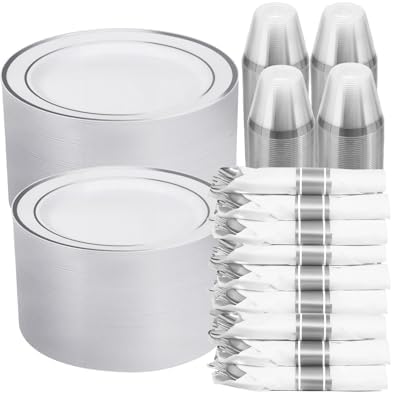 700 PCS White and Silver Plastic Dinnerware Set for 100 Guests, 200 Disposable Plates for Party, 100 Pre Rolled Napkins with Silver Silverware, 100 Cups by Realluck