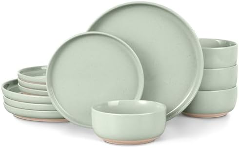 LIANYU Porcelain Dinnerware Set for 4, 12 PC Stoneware Dinner Plates and Bowls, Ceramic Dining Dishes Set for Dessert Salad Pasta, Microwave & Dishwasher Safe, Fog Green by LIANYU
