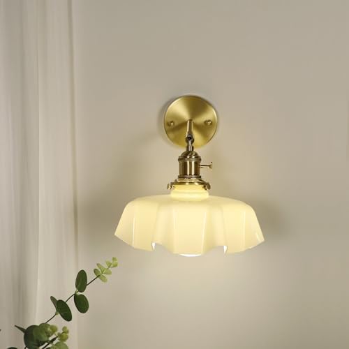 Vintage Milk Glass Wall Sconce Light, Mid Century Floral Design, Hardwired Gold Wall Lamp for Bedroom, Hallway, Living Room, Farmhouse Decor, Straight Arm Fixture