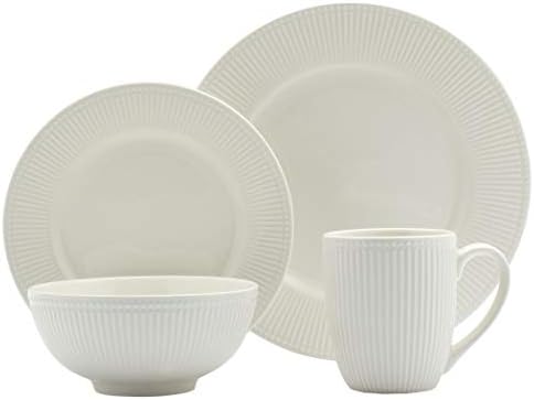 Tabletops Gallery Embossed Bone White Porcelain Round Dinnerware Collection- Chip Resistant Scratch Resistant, Fleur 16 Piece Dinnerware Set (Dinner Plate, Salad Plate, Cereal Bowl, Mug) by TabletopsGallery