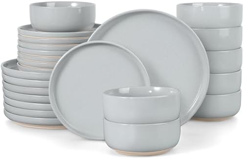 LIANYU Ceramic Dinnerware Dish Sets, Plates and Bowls Sets for 8, 24 PCS Dishware with Dinner Salad Plate and Cereal Bowls, Oven & Dishwasher Safe, Scratch Resistant, Glacier Gray by LIANYU