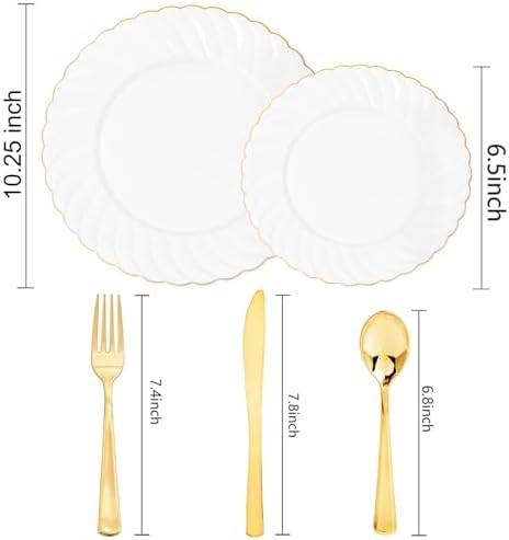 YOUBET 125PCS White and Gold Plastic Plates for Wedding Parties - Image 6