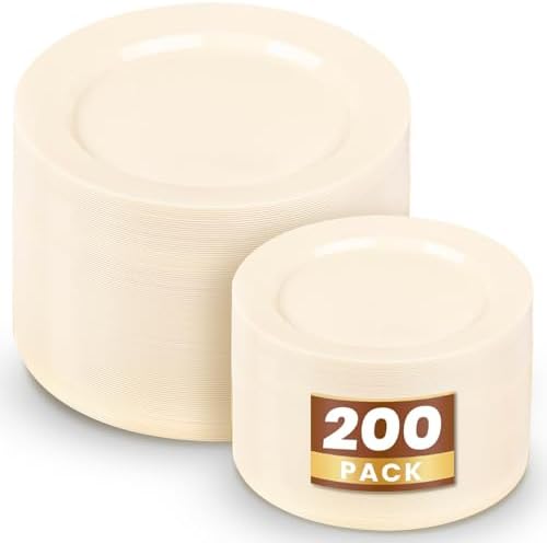 WDF 200PCS Ivory Plastic Plates - Elegant Ivory Disposable Plates for Party- Include 100 Dinner Plate 10inch and 100 Plastic Dessert Plate 7inch Perfect for Party/Wedding/Birthday/Thanksgiving by WDF