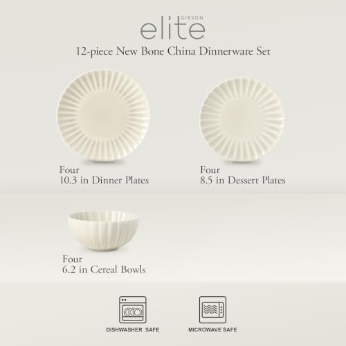 Gibson Elite Peach Orchard 12-Piece New Bone China Dinnerware Set Service for 4, Embossed Fluted Plates and Bowls, Dishwasher and Microwave Safe, Cream White - Image 2