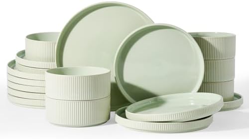 Famiware Stoneware Dishes Dinnerware Sets for 6, Ribbed Plates and Bowls by Famiware