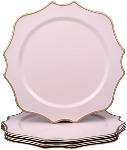 Pink Chargers for Dinner Plates, 13 Inch Scalloped Plastic Decorative Table Charge Service Plates Set of 6 for Wedding, Holiday, Thanksgivng, Christmas by Omuriko