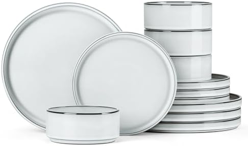 Onader Stoneware Dinnerware Sets, 12 Piece Plates and Bowls Dish Sets for 4, Ceramic Dishware Dining Ware with Rustic Terracotta Bottom - Glacier White by Onader
