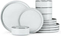 Onader Stoneware Dinnerware Sets, 12 Piece Plates and Bowls Dish Sets for 4, Ceramic Dishware Dining Ware with Rustic Terracotta Bottom - Glacier White by Onader