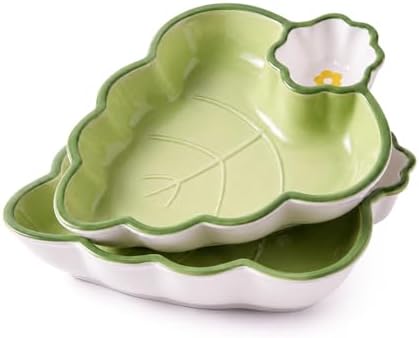 Leaf Shaped Ceramic Serving Platter Set of 2, Divided Snack & Appetizer Dish for Chip and Dip, Sauces, Fries, Tapas, Fruit and Dessert by Unknown
