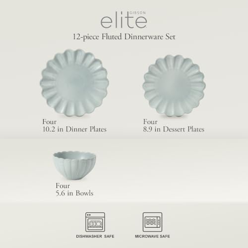 Gibson Elite Bistro Fleur Plates and Bowls Sets, 12-Piece Stoneware Dinnerware Set for 4, Sage Blue Scalloped Dish Set with Dinner Plates, Salad Plates & Bowls - Image 2