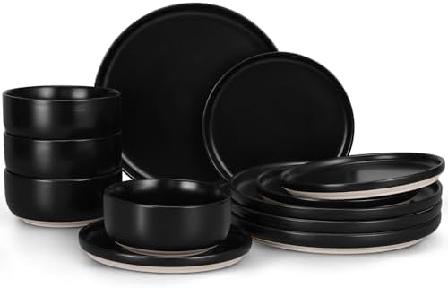 LIANYU Stoneware Dinnerware Sets for 4, 12 Piece Plates and Bowls Set, Ceramic Dishware Dishes for Dining, Scratch Resistant Kitchen Porcelain Plates, Microwave & Dishwasher Safe, Matte Black by LIANYU