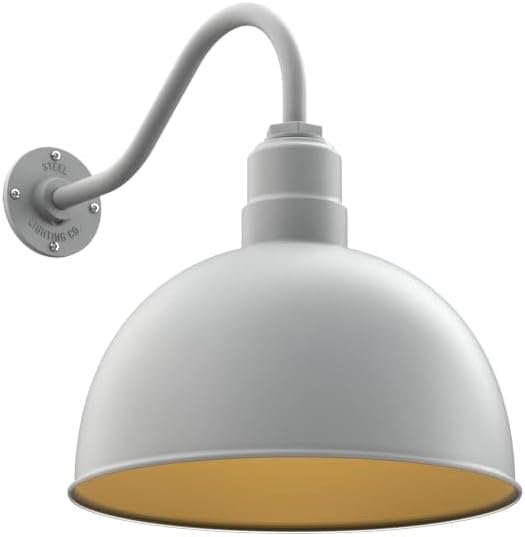 Steel Lighting Co. Hollywood Bowl Light | Outdoor Wall Mounted | 15 inch Bowl Dome | 16" Gooseneck | Barn Light Made in America | Modern Gray Exterior/Brass Interior