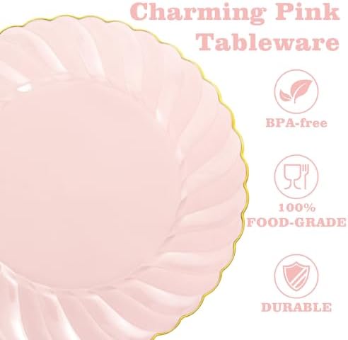YOUBET 125Pieces Clear Pink Plastic Plates with Gold Rim - Gold Plastic Silverware Include 25 Dinner Plates 25 Dessert Plates 75 Golden Silverwares for Wedding Birthday & Parties Easter Mothers Day - Image 3