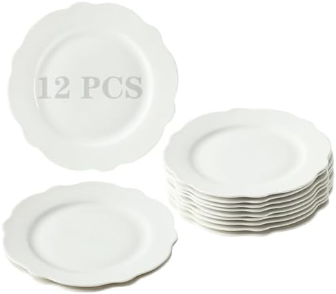 7.5” White Porcelain Small Dinner Plates Leave Wave Rim Set of 12 by BABALIU