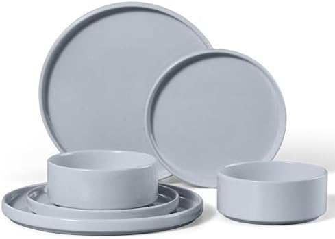 E-far 6-Piece Stoneware Dinnerware Sets, Plates and Bowls Set for 2, Gray by E-far