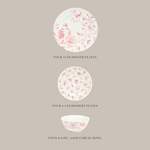 Martha Stewart Empress Bouquet 12-Piece Decorated Porcelain Chip and Scratch Resistant Dinnerware Plates and Bowls Set - Pink Floral - Image 3