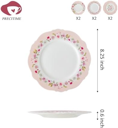 8.25" Floral Porcelain Dessert Plates Set of 6, Pink Rose - Image 2