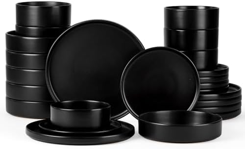 Onader Stoneware Dinnerware Set with Pasta Bowl, 24Pcs Black Dish Set for 6 by Onader