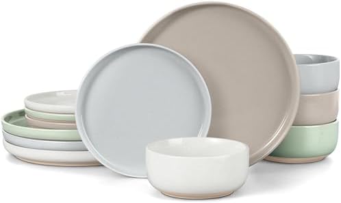 LIANYU 12 Piece Ceramic Dinnerware Set, Stoneware Dinner Dish Set for 4, Kitchen Modern Dishware Plates and Bowls, Scratch Resistant, Assorted Colors by LIANYU