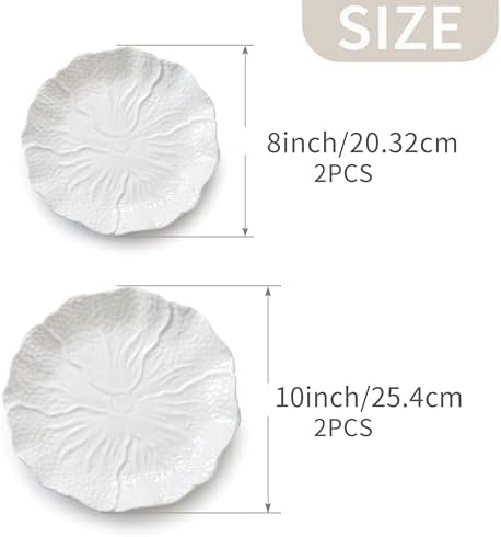 4 Piece White Ceramic Salad Plates Dessert Plates Set (10 inches & 8 inches) Vegetable Floral Embossed Design Porcelain Appetizer Plates - Image 4