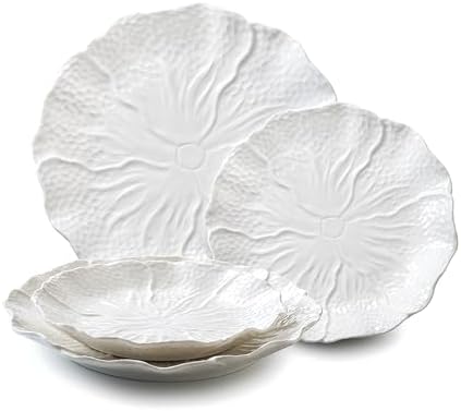 4 Piece White Ceramic Salad Plates Dessert Plates Set (10 inches & 8 inches) Vegetable Floral Embossed Design Porcelain Appetizer Plates by KAITOER