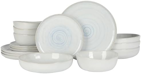 Gibson Elite Auckland Blue Swirl Stoneware Reactive Glaze 16 Piece (Service for 4) Plates and Bowls Dinnerware Set by GibsonHomewares