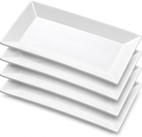 Porcelain Rectangular Dinner Platters, 9.75 Inch Rectangle Serving Plates for Sushi, Snacks, Cake, Meat & Appetizers, Set of 4, Elegant White Design by Yedio