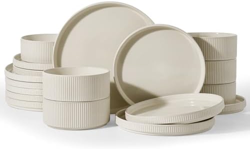 Famiware Stoneware Dinnerware Sets for 8, 24pc Rimmed Plates, Bowls, Dishes by Famiware