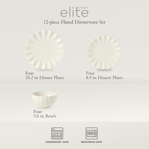 Gibson Elite Bistro Fleur Plates and Bowls Sets, 12-Piece Stoneware Dinnerware Set for 4, Ivory White Scalloped Dish Set with Dinner Plates, Salad Plates & Bowls - Image 2
