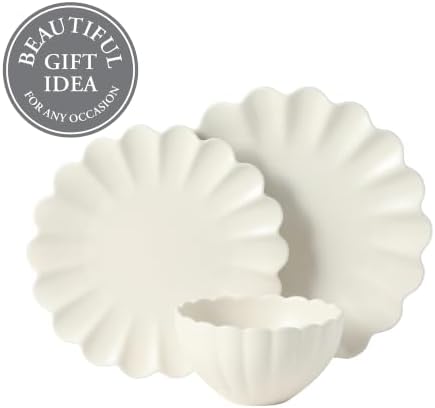 Gibson Elite Bistro Fleur Plates and Bowls Sets, 12-Piece Stoneware Dinnerware Set for 4, Ivory White Scalloped Dish Set with Dinner Plates, Salad Plates & Bowls - Image 4
