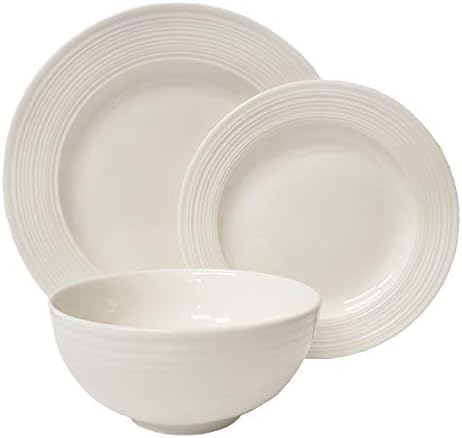 TTU Tabletops Gallery Embossed Bone White Porcelain Round Dinnerware Collection- Chip Resistant Scratch Resistant, Contempo 12 Piece Dinnerware Set (Dinner Plate, Salad Plate, Cereal Bowl) by TabletopsGallery