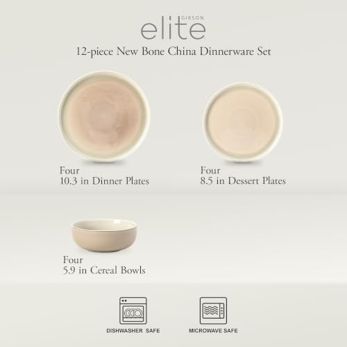 Gibson Elite Island Bay 12-Piece New Bone China Dinnerware Set Service for 4, Reactive Glaze Plates and Bowls, Dishwasher and Microwave Safe, Cream and Green - Image 2