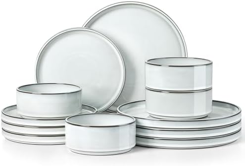 Herogo 12 Pieces Stoneware Dinnerware Set for 4, Ceramic Dinner Dishware Sets for Home Kitchen, Plates and Bowls with Rustic Terracotta Bottom, Dishwasher & Microwave Safe, Icy White by Herogo