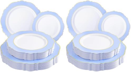 WDF 60pcs Blue Plates Disposable With Gold Rim - Baroque Baby Blue Plastic Party Plates for Wedding/Party/Baby Shower/Spring (Pack of 2) by WDF