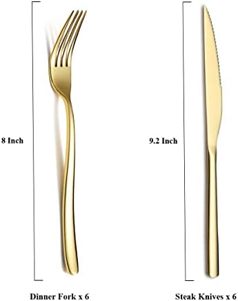 Gold Steak Knives Set 12 Piece, Premium Stainless Steel 6 Dinner Forks and 6 Dinner Knives Set, Steak Knives Steak Forks for 6 Person, Dishwasher Safe (Shiny Gold) - Image 2