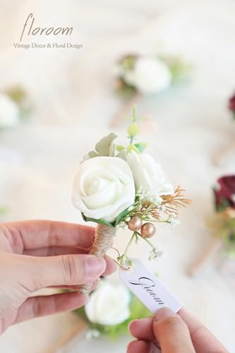 Floroom Set of 6 Burgundy & Ivory Foam Rose Boutonnieres with Pins for Men Wedding for Groom Groomsmen Wedding Ceremonies Anniversaries Formal Dinners Parties Proms - Image 4