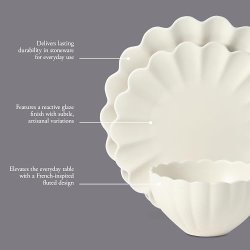 Gibson Elite Bistro Fleur Plates and Bowls Sets, 12-Piece Stoneware Dinnerware Set for 4, Ivory White Scalloped Dish Set with Dinner Plates, Salad Plates & Bowls - Image 3