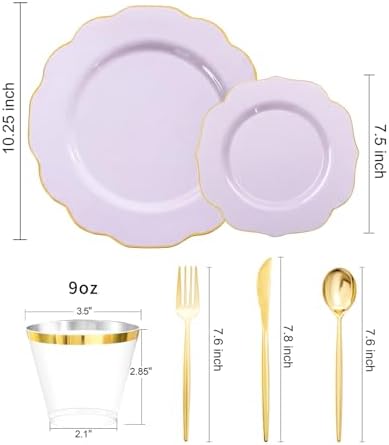 bUCLA 180PCS Purple Plastic Plates - Disposable Purple with Gold Rim, Include 30 Each (Dinner & Salad) Plates, 30 Knives, 30 Forks, 30 Spoons, 30Cups for Party, Shower & Birthday - Image 2