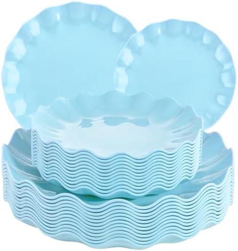 LIYH 24Pcs Light Blue Scalloped Plastic Plates Reusable For Party Events by LIYHLoveinyourheart