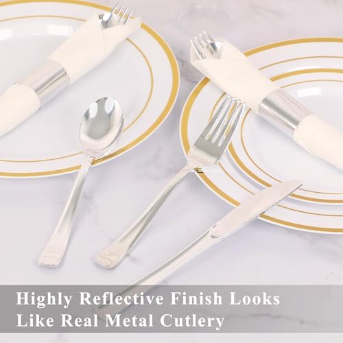 60 Pack Pre Rolled Silver Plastic Silverware Set with Napkin - Image 5