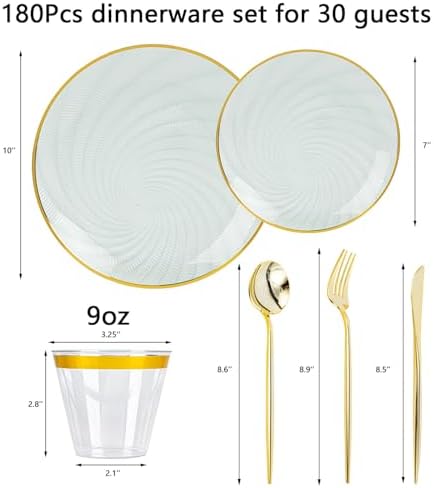 N9R 180PCS Green Plastic Plates Gold Rim, Disposable Party Dinnerware Set - Image 2