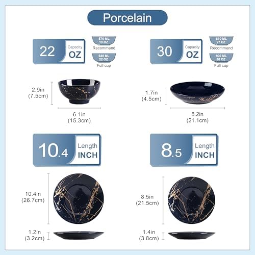 LOVECASA Plates and Bowls Sets for 6, 24 Pieces Porcelain Dinnerware Sets, Dark Blue and Gold Dish Set Gold Splash Dishware Sets, Dishwasher Microwave Safe - Image 2