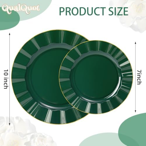 120PCS Dark Green Plastic Plates, Wavy Plates with Gold Rim - Image 3