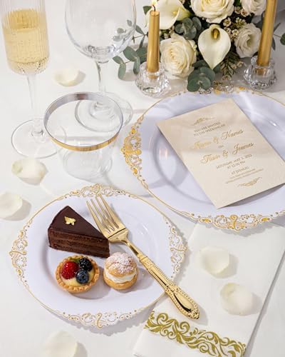 Morejoy 350PCS White and Gold Plastic Plates,Gold Plastic Dinnerware Sets - Image 3