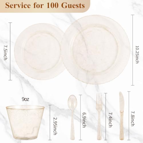 BESTVIP 600PCS Gold Glitter Dinnerware Set for 100 Guests, Plastic Plates - Image 3